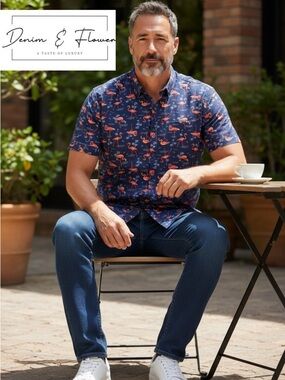 Denim and Flower Tropical Flamingo Button Down Shirt